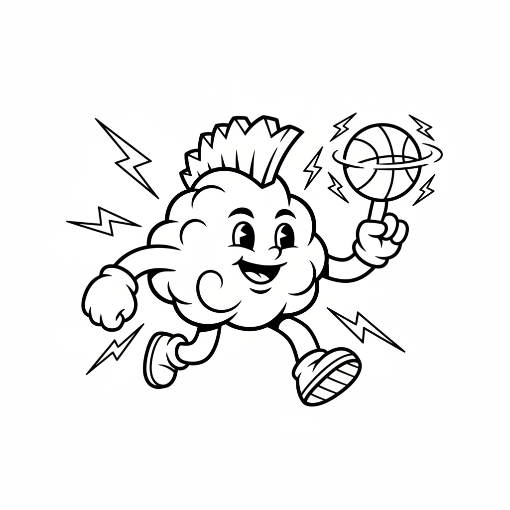 A friendly cartoon Thunder mascot character playing with a basketball, energetic and cheerful, original fan illustration inspired by the Oklahoma City Thunder (not the official logo or mascot), single subject only, strict black and white line art, bold clean outlines only, pure white background, kids coloring book page style. Absolutely no shading, no grayscale, no gradients, no color fills, no text anywhere in the image