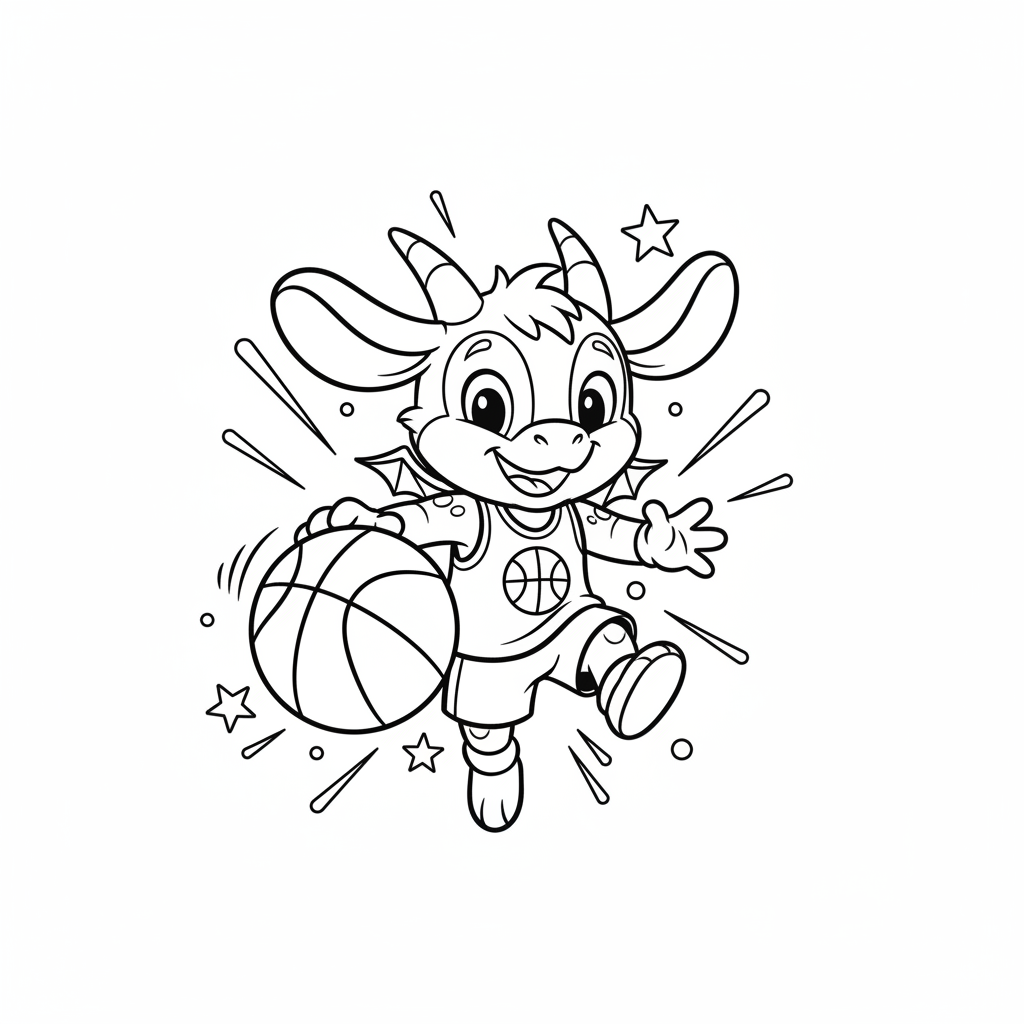 A friendly cartoon Magic mascot character playing with a basketball, energetic and cheerful, original fan illustration inspired by the Orlando Magic (not the official logo or mascot), single subject only, strict black and white line art, bold clean outlines only, pure white background, kids coloring book page style. Absolutely no shading, no grayscale, no gradients, no color fills, no text anywhere in the image