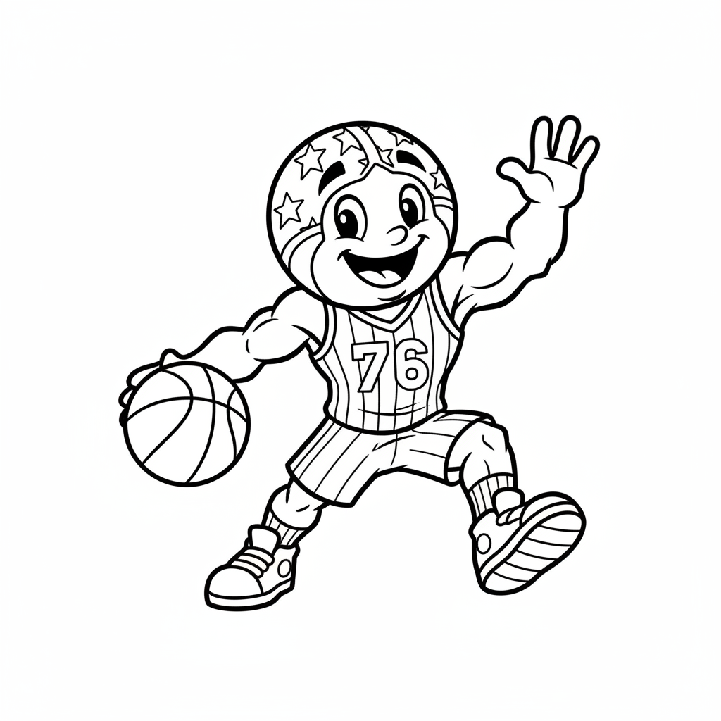 A friendly cartoon 76ers mascot character playing with a basketball, energetic and cheerful, original fan illustration inspired by the Philadelphia 76ers (not the official logo or mascot), single subject only, strict black and white line art, bold clean outlines only, pure white background, kids coloring book page style. Absolutely no shading, no grayscale, no gradients, no color fills, no text anywhere in the image