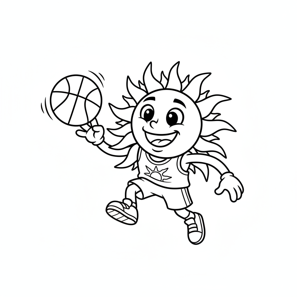 A friendly cartoon Suns mascot character playing with a basketball, energetic and cheerful, original fan illustration inspired by the Phoenix Suns (not the official logo or mascot), single subject only, strict black and white line art, bold clean outlines only, pure white background, kids coloring book page style. Absolutely no shading, no grayscale, no gradients, no color fills, no text anywhere in the image