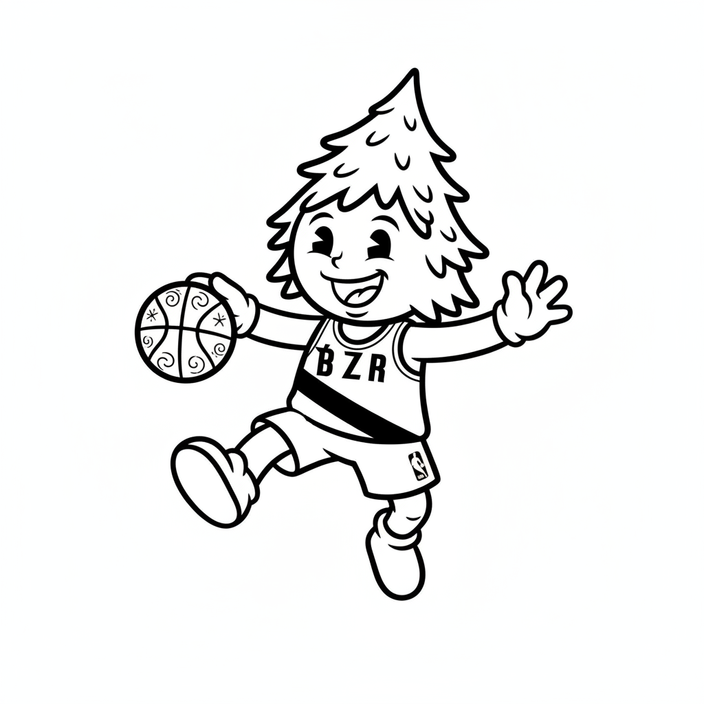 A friendly cartoon Trail Blazers mascot character playing with a basketball, energetic and cheerful, original fan illustration inspired by the Portland Trail Blazers (not the official logo or mascot), single subject only, strict black and white line art, bold clean outlines only, pure white background, kids coloring book page style. Absolutely no shading, no grayscale, no gradients, no color fills, no text anywhere in the image