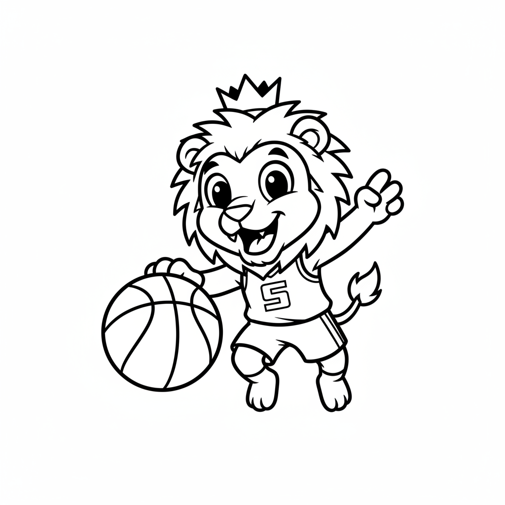A friendly cartoon Kings mascot character playing with a basketball, energetic and cheerful, original fan illustration inspired by the Sacramento Kings (not the official logo or mascot), single subject only, strict black and white line art, bold clean outlines only, pure white background, kids coloring book page style. Absolutely no shading, no grayscale, no gradients, no color fills, no text anywhere in the image