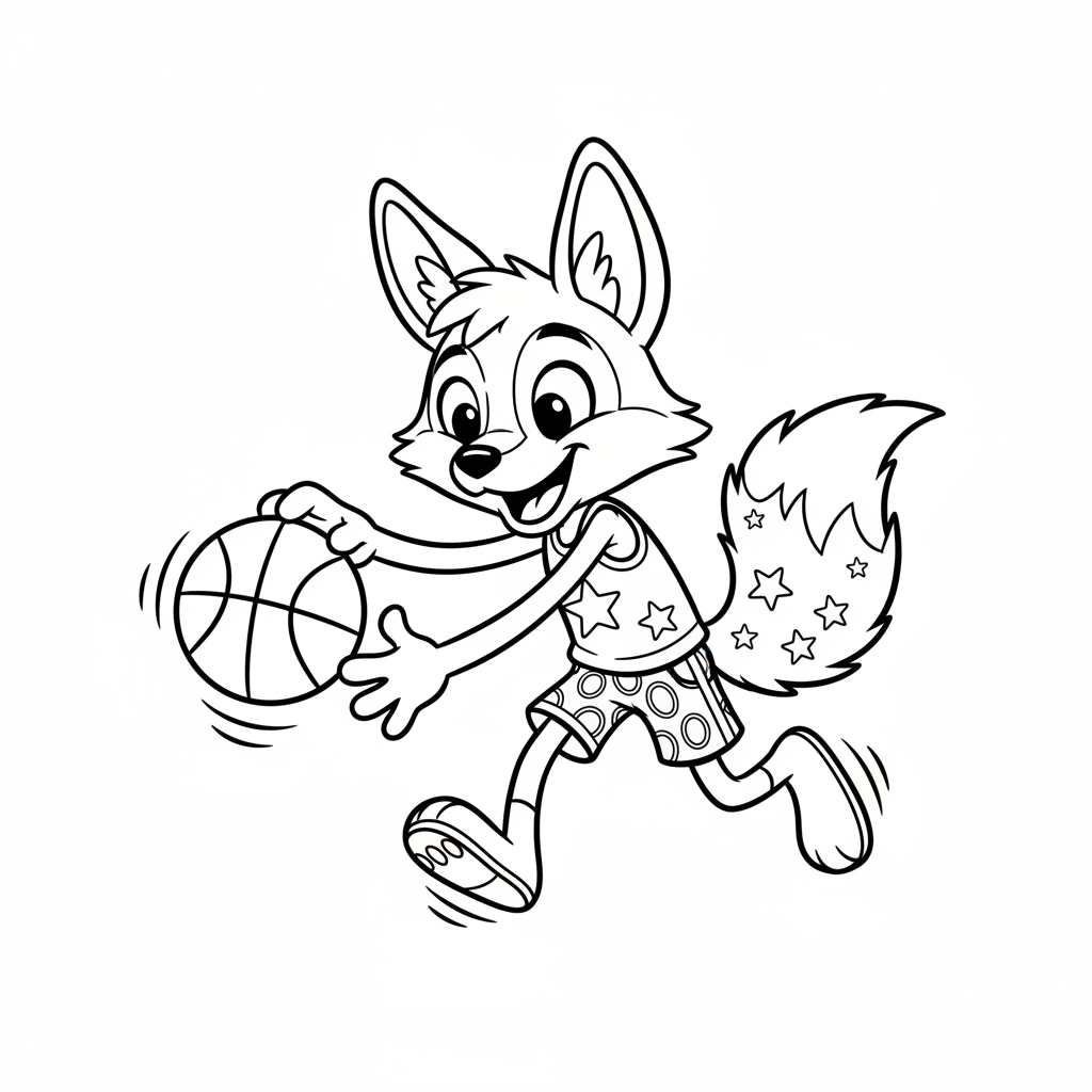 A friendly cartoon Spurs mascot character playing with a basketball, energetic and cheerful, original fan illustration inspired by the San Antonio Spurs (not the official logo or mascot), single subject only, strict black and white line art, bold clean outlines only, pure white background, kids coloring book page style. Absolutely no shading, no grayscale, no gradients, no color fills, no text anywhere in the image
