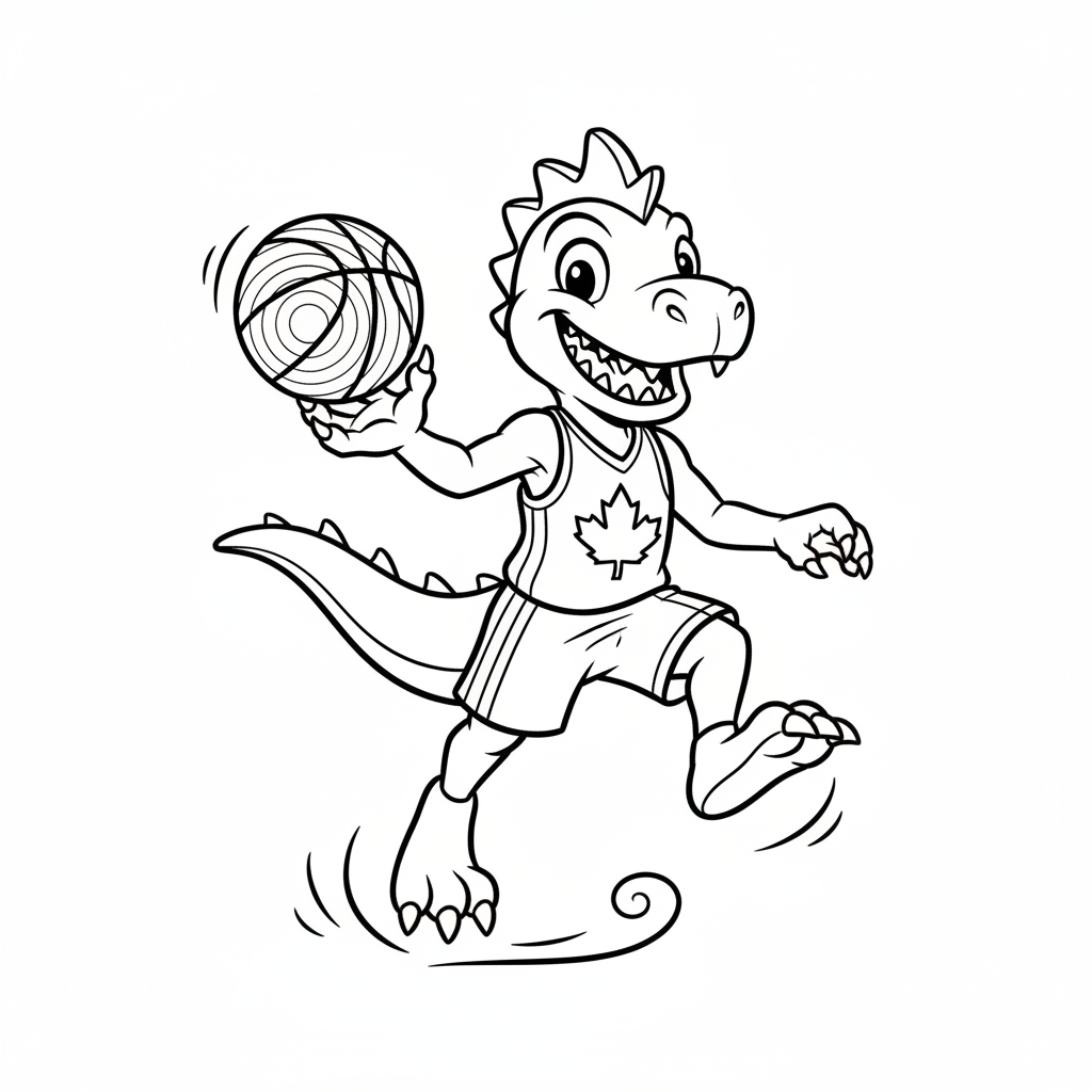 A friendly cartoon Raptors mascot character playing with a basketball, energetic and cheerful, original fan illustration inspired by the Toronto Raptors (not the official logo or mascot), single subject only, strict black and white line art, bold clean outlines only, pure white background, kids coloring book page style. Absolutely no shading, no grayscale, no gradients, no color fills, no text anywhere in the image