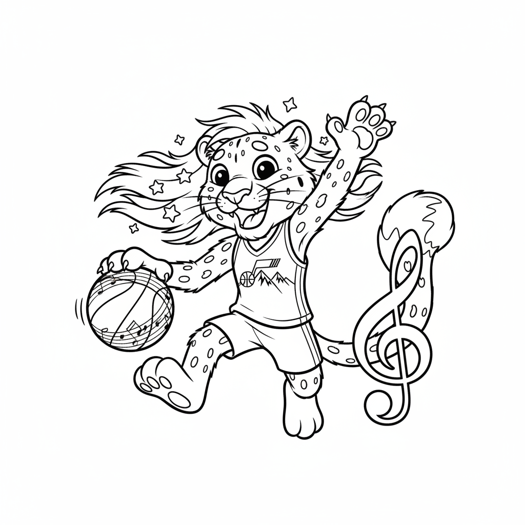 A friendly cartoon Jazz mascot character playing with a basketball, energetic and cheerful, original fan illustration inspired by the Utah Jazz (not the official logo or mascot), single subject only, strict black and white line art, bold clean outlines only, pure white background, kids coloring book page style. Absolutely no shading, no grayscale, no gradients, no color fills, no text anywhere in the image