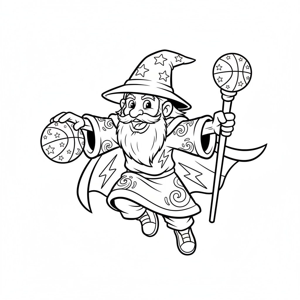 A friendly cartoon Wizards mascot character playing with a basketball, energetic and cheerful, original fan illustration inspired by the Washington Wizards (not the official logo or mascot), single subject only, strict black and white line art, bold clean outlines only, pure white background, kids coloring book page style. Absolutely no shading, no grayscale, no gradients, no color fills, no text anywhere in the image