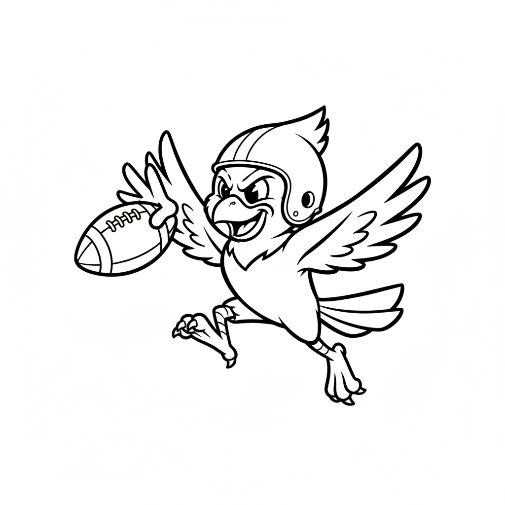 A friendly cartoon Cardinals mascot character playing with a football, energetic and cheerful, original fan illustration inspired by the Arizona Cardinals (not the official logo or mascot), single subject only, strict black and white line art, bold clean outlines only, pure white background, kids coloring book page style. Absolutely no shading, no grayscale, no gradients, no color fills, no text anywhere in the image