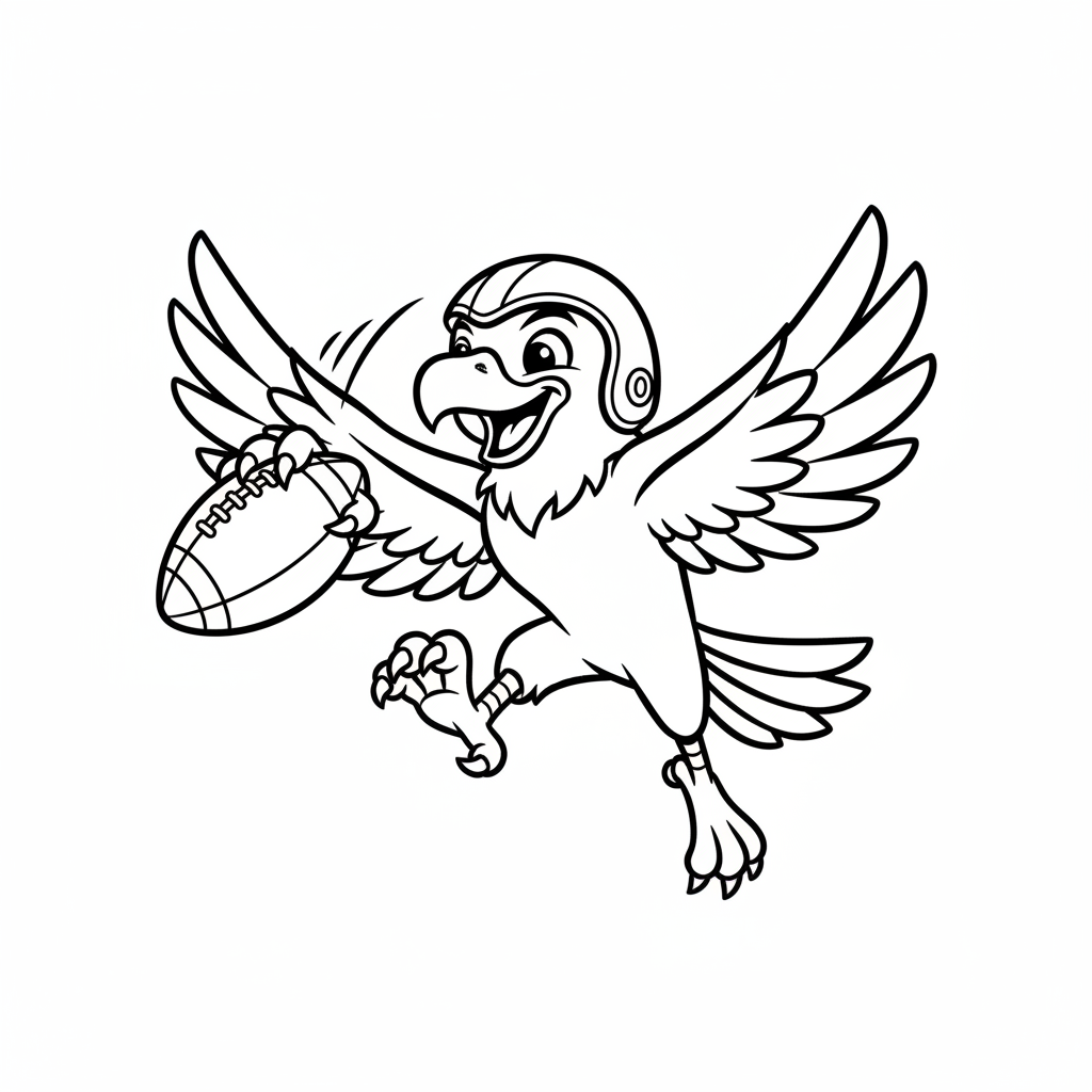 A friendly cartoon Falcons mascot character playing with a football, energetic and cheerful, original fan illustration inspired by the Atlanta Falcons (not the official logo or mascot), single subject only, strict black and white line art, bold clean outlines only, pure white background, kids coloring book page style. Absolutely no shading, no grayscale, no gradients, no color fills, no text anywhere in the image