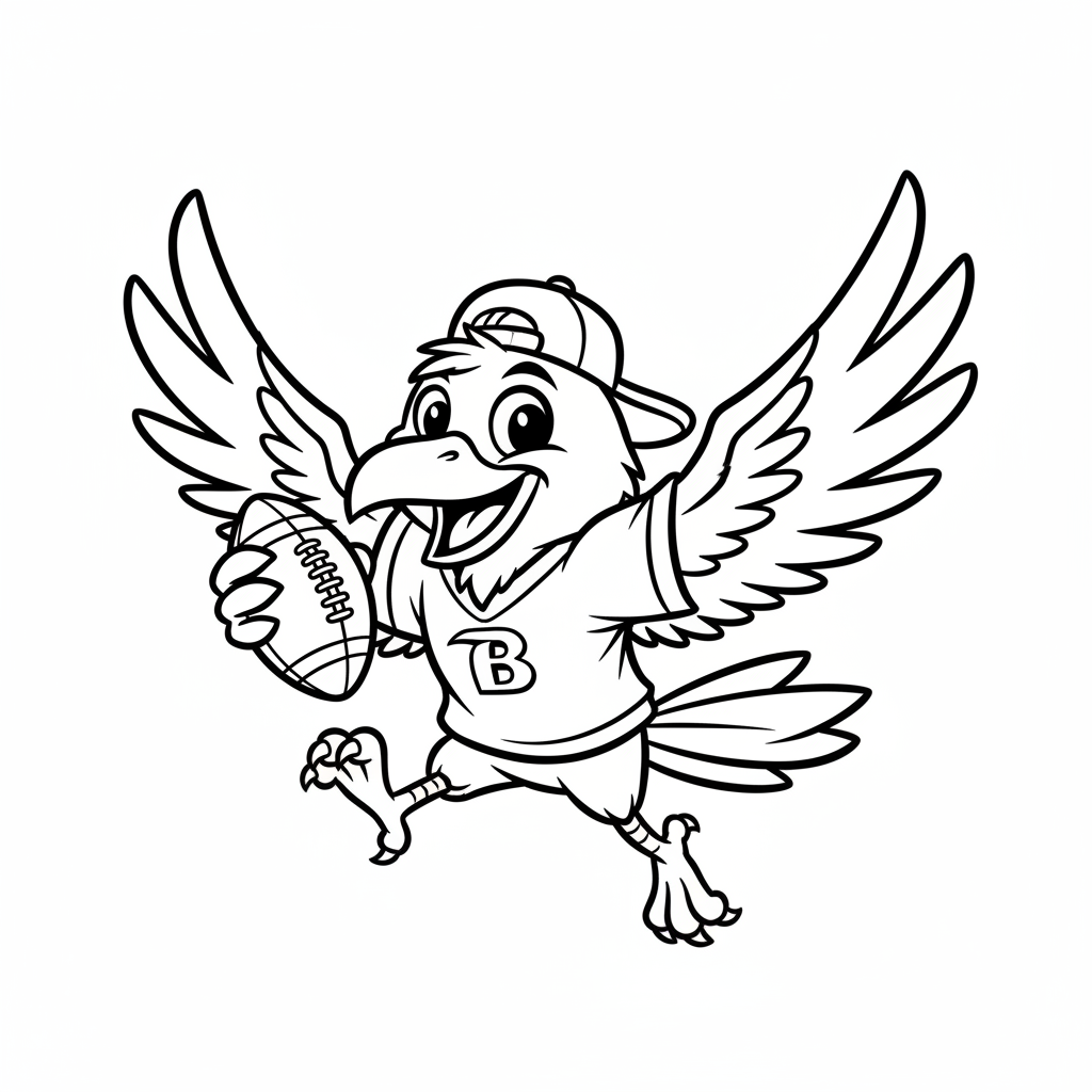 A friendly cartoon Ravens mascot character playing with a football, energetic and cheerful, original fan illustration inspired by the Baltimore Ravens (not the official logo or mascot), single subject only, strict black and white line art, bold clean outlines only, pure white background, kids coloring book page style. Absolutely no shading, no grayscale, no gradients, no color fills, no text anywhere in the image