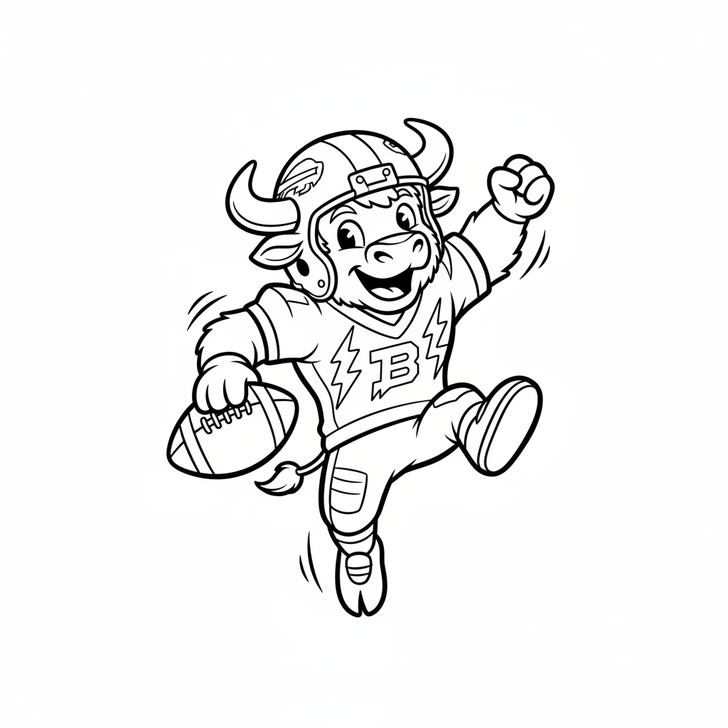 A friendly cartoon Bills mascot character playing with a football, energetic and cheerful, original fan illustration inspired by the Buffalo Bills (not the official logo or mascot), single subject only, strict black and white line art, bold clean outlines only, pure white background, kids coloring book page style. Absolutely no shading, no grayscale, no gradients, no color fills, no text anywhere in the image