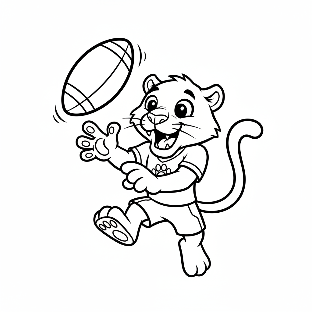 A friendly cartoon Panthers mascot character playing with a football, energetic and cheerful, original fan illustration inspired by the Carolina Panthers (not the official logo or mascot), single subject only, strict black and white line art, bold clean outlines only, pure white background, kids coloring book page style. Absolutely no shading, no grayscale, no gradients, no color fills, no text anywhere in the image