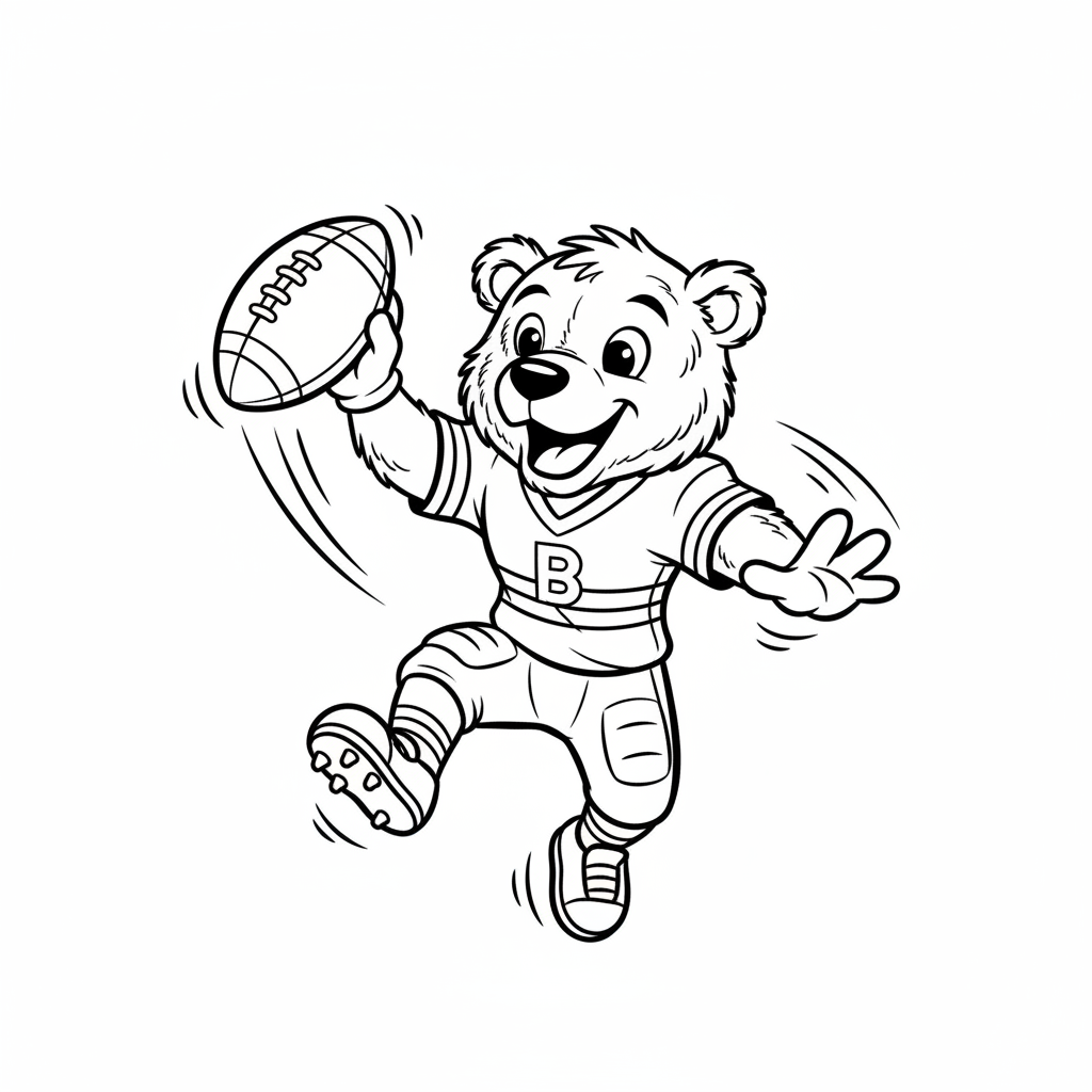 A friendly cartoon Bears mascot character playing with a football, energetic and cheerful, original fan illustration inspired by the Chicago Bears (not the official logo or mascot), single subject only, strict black and white line art, bold clean outlines only, pure white background, kids coloring book page style. Absolutely no shading, no grayscale, no gradients, no color fills, no text anywhere in the image