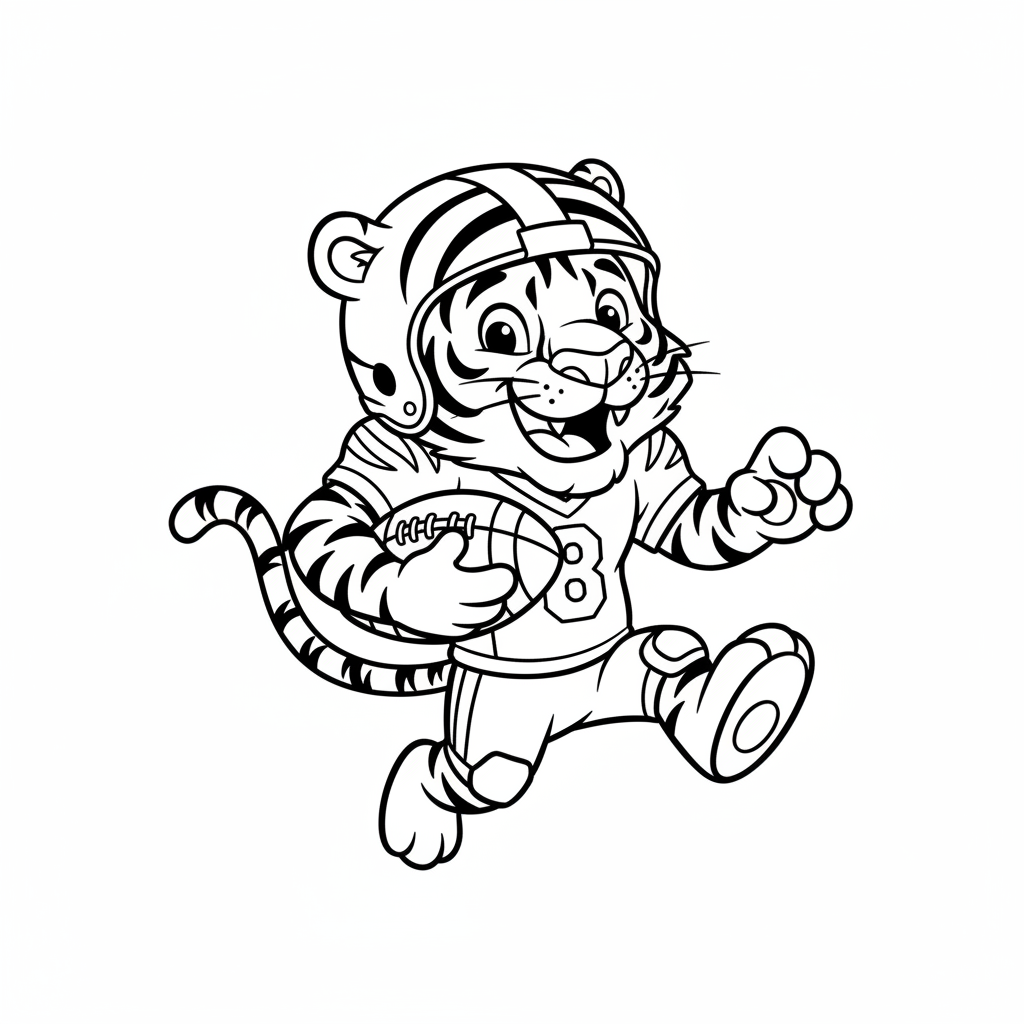 A friendly cartoon Bengals mascot character playing with a football, energetic and cheerful, original fan illustration inspired by the Cincinnati Bengals (not the official logo or mascot), single subject only, strict black and white line art, bold clean outlines only, pure white background, kids coloring book page style. Absolutely no shading, no grayscale, no gradients, no color fills, no text anywhere in the image