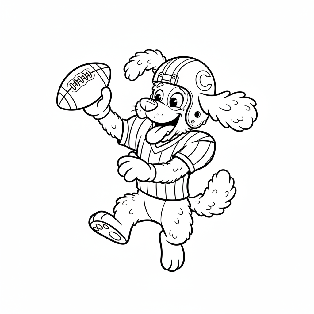 A friendly cartoon Browns mascot character playing with a football, energetic and cheerful, original fan illustration inspired by the Cleveland Browns (not the official logo or mascot), single subject only, strict black and white line art, bold clean outlines only, pure white background, kids coloring book page style. Absolutely no shading, no grayscale, no gradients, no color fills, no text anywhere in the image