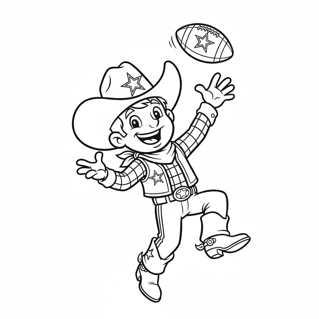 A friendly cartoon Cowboys mascot character playing with a football, energetic and cheerful, original fan illustration inspired by the Dallas Cowboys (not the official logo or mascot), single subject only, strict black and white line art, bold clean outlines only, pure white background, kids coloring book page style. Absolutely no shading, no grayscale, no gradients, no color fills, no text anywhere in the image