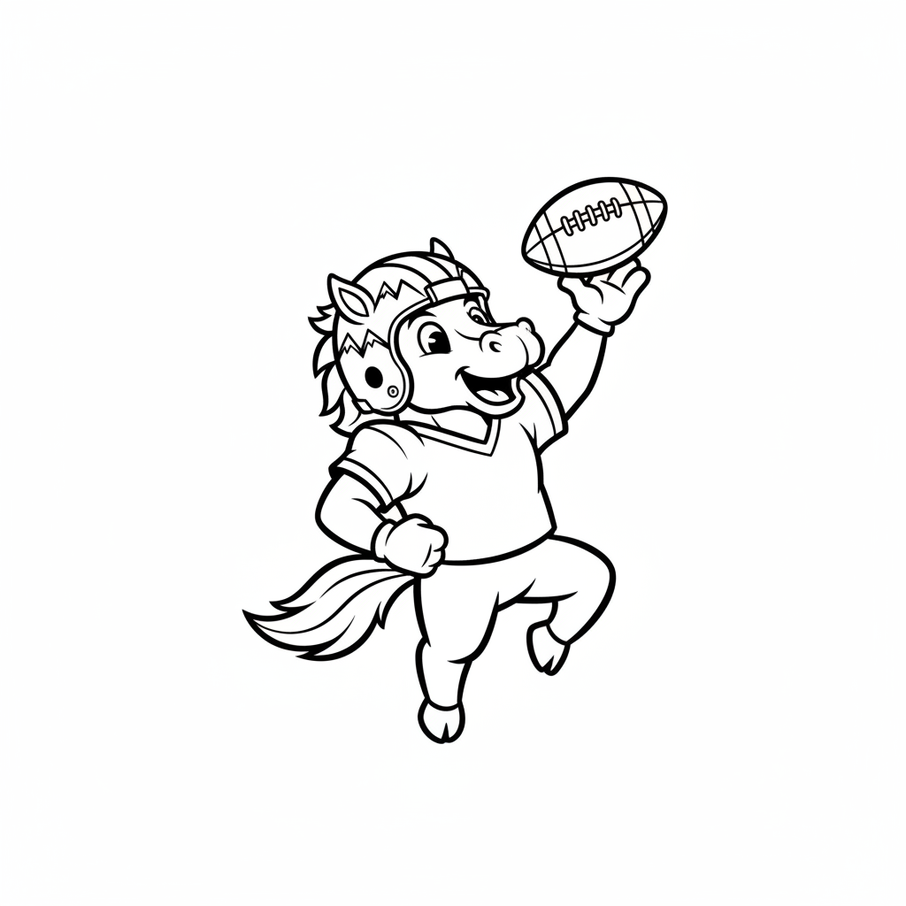 A friendly cartoon Broncos mascot character playing with a football, energetic and cheerful, original fan illustration inspired by the Denver Broncos (not the official logo or mascot), single subject only, strict black and white line art, bold clean outlines only, pure white background, kids coloring book page style. Absolutely no shading, no grayscale, no gradients, no color fills, no text anywhere in the image