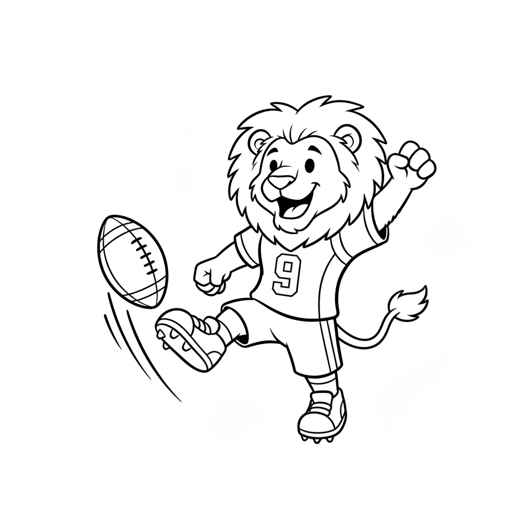 A friendly cartoon Lions mascot character playing with a football, energetic and cheerful, original fan illustration inspired by the Detroit Lions (not the official logo or mascot), single subject only, strict black and white line art, bold clean outlines only, pure white background, kids coloring book page style. Absolutely no shading, no grayscale, no gradients, no color fills, no text anywhere in the image