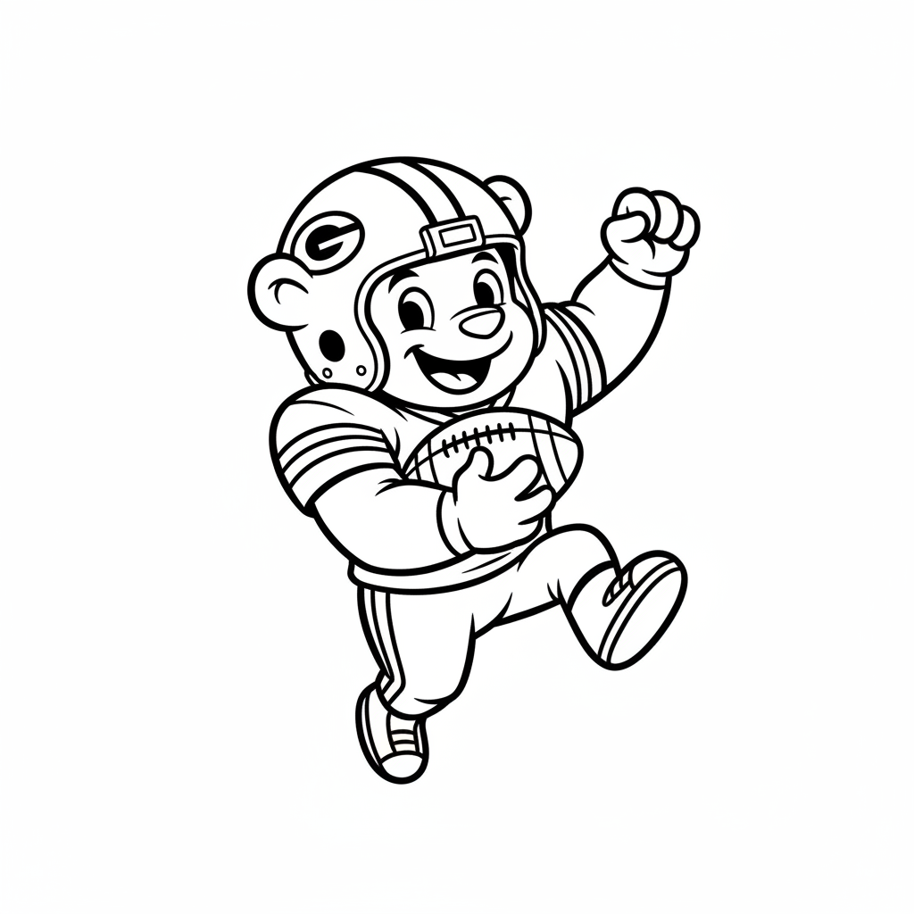 A friendly cartoon Packers mascot character playing with a football, energetic and cheerful, original fan illustration inspired by the Green Bay Packers (not the official logo or mascot), single subject only, strict black and white line art, bold clean outlines only, pure white background, kids coloring book page style. Absolutely no shading, no grayscale, no gradients, no color fills, no text anywhere in the image
