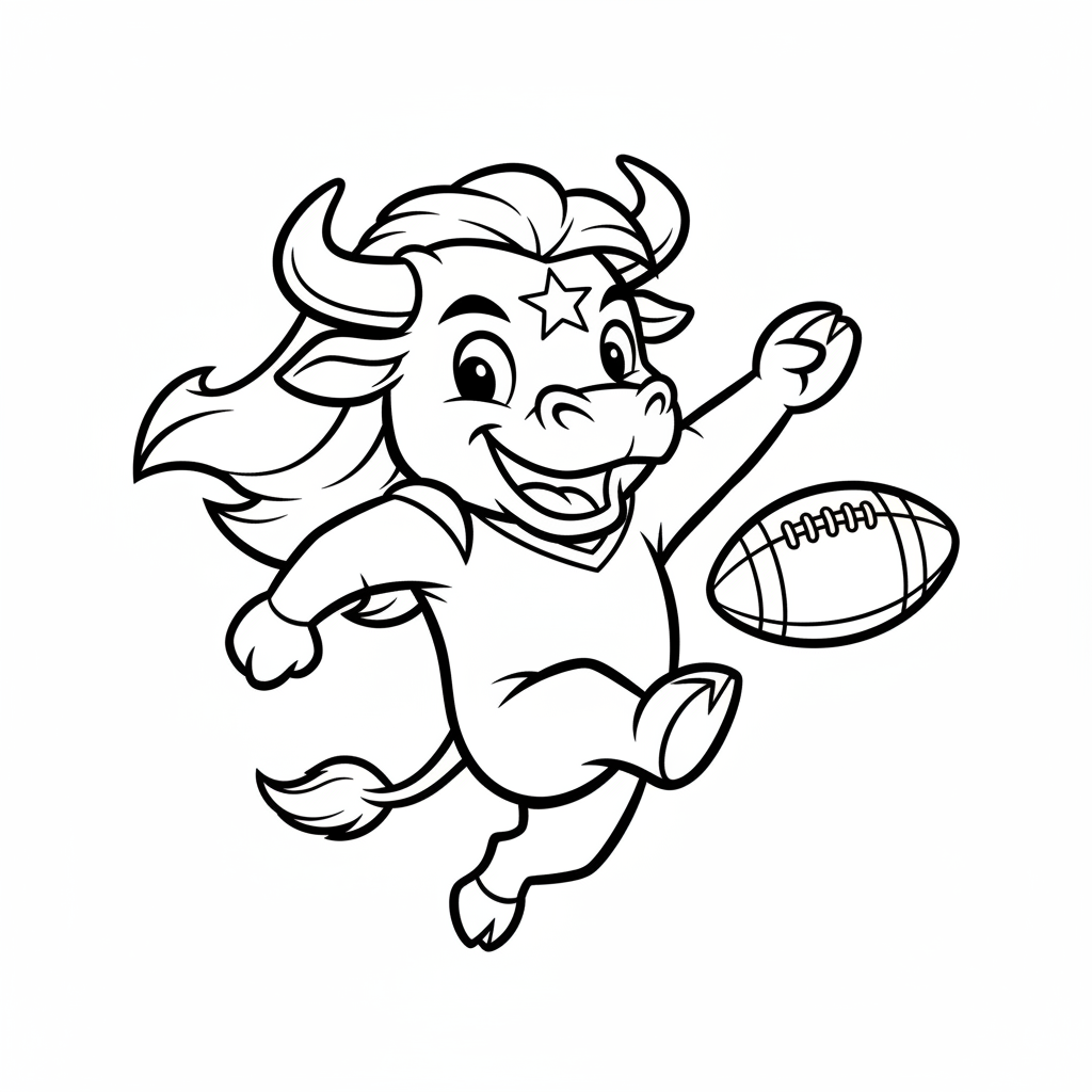 A friendly cartoon Texans mascot character playing with a football, energetic and cheerful, original fan illustration inspired by the Houston Texans (not the official logo or mascot), single subject only, strict black and white line art, bold clean outlines only, pure white background, kids coloring book page style. Absolutely no shading, no grayscale, no gradients, no color fills, no text anywhere in the image