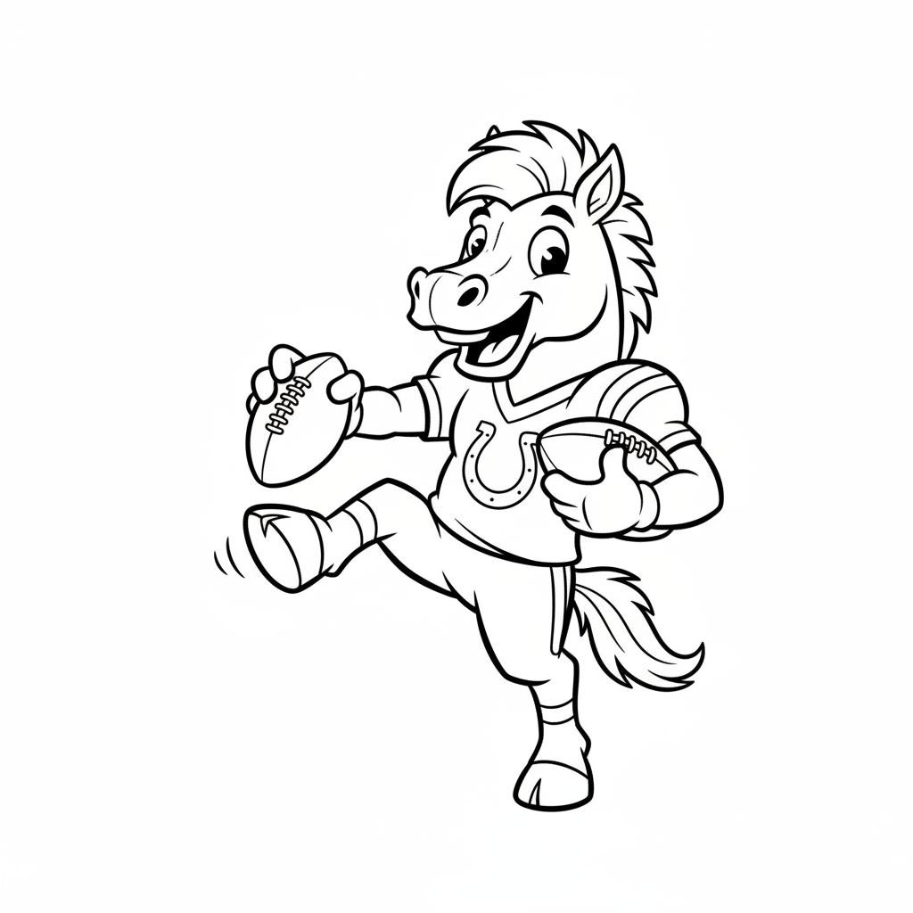 A friendly cartoon Colts mascot character playing with a football, energetic and cheerful, original fan illustration inspired by the Indianapolis Colts (not the official logo or mascot), single subject only, strict black and white line art, bold clean outlines only, pure white background, kids coloring book page style. Absolutely no shading, no grayscale, no gradients, no color fills, no text anywhere in the image