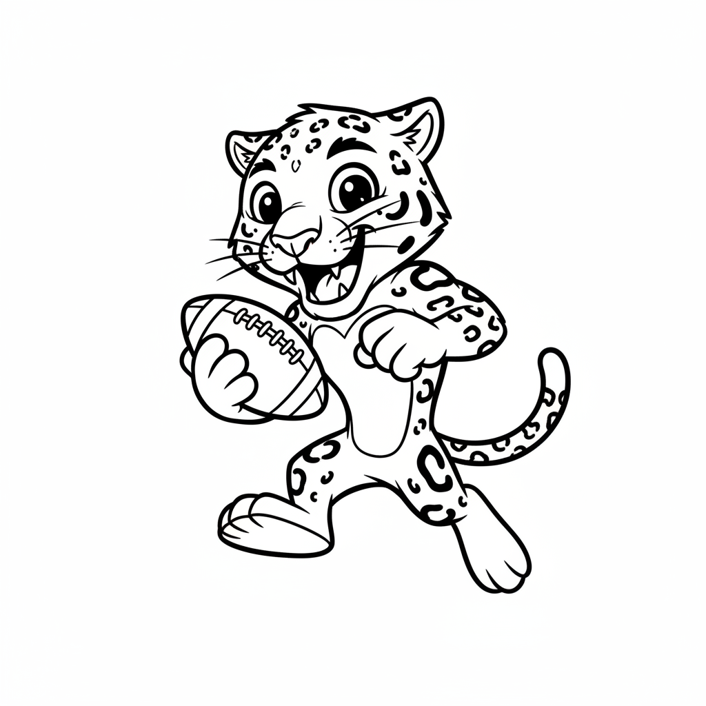 A friendly cartoon Jaguars mascot character playing with a football, energetic and cheerful, original fan illustration inspired by the Jacksonville Jaguars (not the official logo or mascot), single subject only, strict black and white line art, bold clean outlines only, pure white background, kids coloring book page style. Absolutely no shading, no grayscale, no gradients, no color fills, no text anywhere in the image