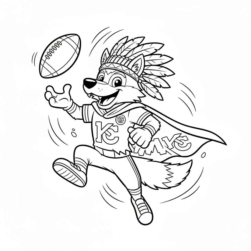A friendly cartoon Chiefs mascot character playing with a football, energetic and cheerful, original fan illustration inspired by the Kansas City Chiefs (not the official logo or mascot), single subject only, strict black and white line art, bold clean outlines only, pure white background, kids coloring book page style. Absolutely no shading, no grayscale, no gradients, no color fills, no text anywhere in the image