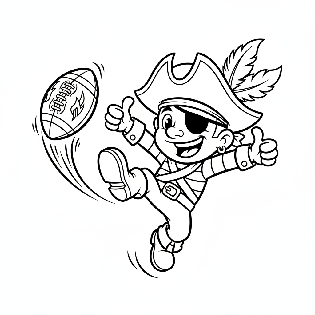 A friendly cartoon Raiders mascot character playing with a football, energetic and cheerful, original fan illustration inspired by the Las Vegas Raiders (not the official logo or mascot), single subject only, strict black and white line art, bold clean outlines only, pure white background, kids coloring book page style. Absolutely no shading, no grayscale, no gradients, no color fills, no text anywhere in the image