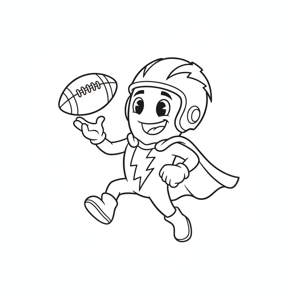 A friendly cartoon Chargers mascot character playing with a football, energetic and cheerful, original fan illustration inspired by the Los Angeles Chargers (not the official logo or mascot), single subject only, strict black and white line art, bold clean outlines only, pure white background, kids coloring book page style. Absolutely no shading, no grayscale, no gradients, no color fills, no text anywhere in the image