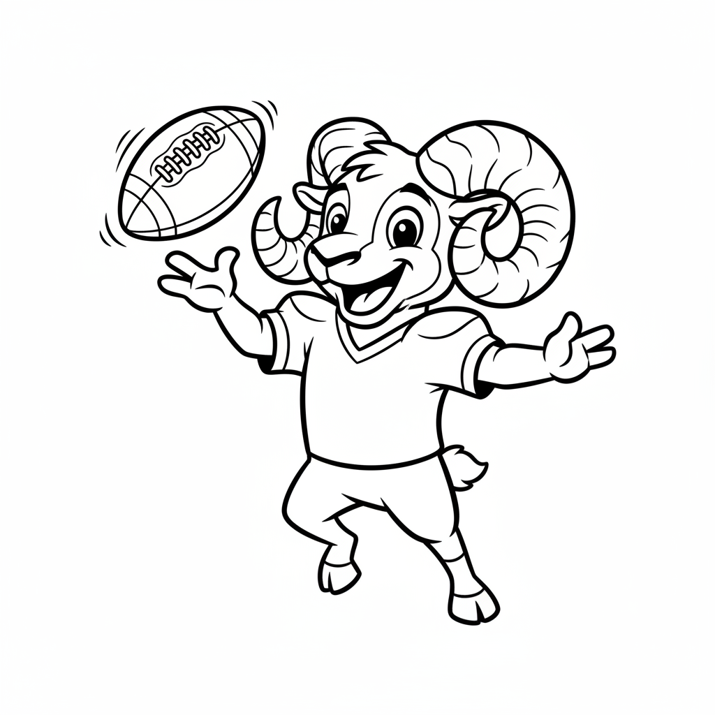 A friendly cartoon Rams mascot character playing with a football, energetic and cheerful, original fan illustration inspired by the Los Angeles Rams (not the official logo or mascot), single subject only, strict black and white line art, bold clean outlines only, pure white background, kids coloring book page style. Absolutely no shading, no grayscale, no gradients, no color fills, no text anywhere in the image