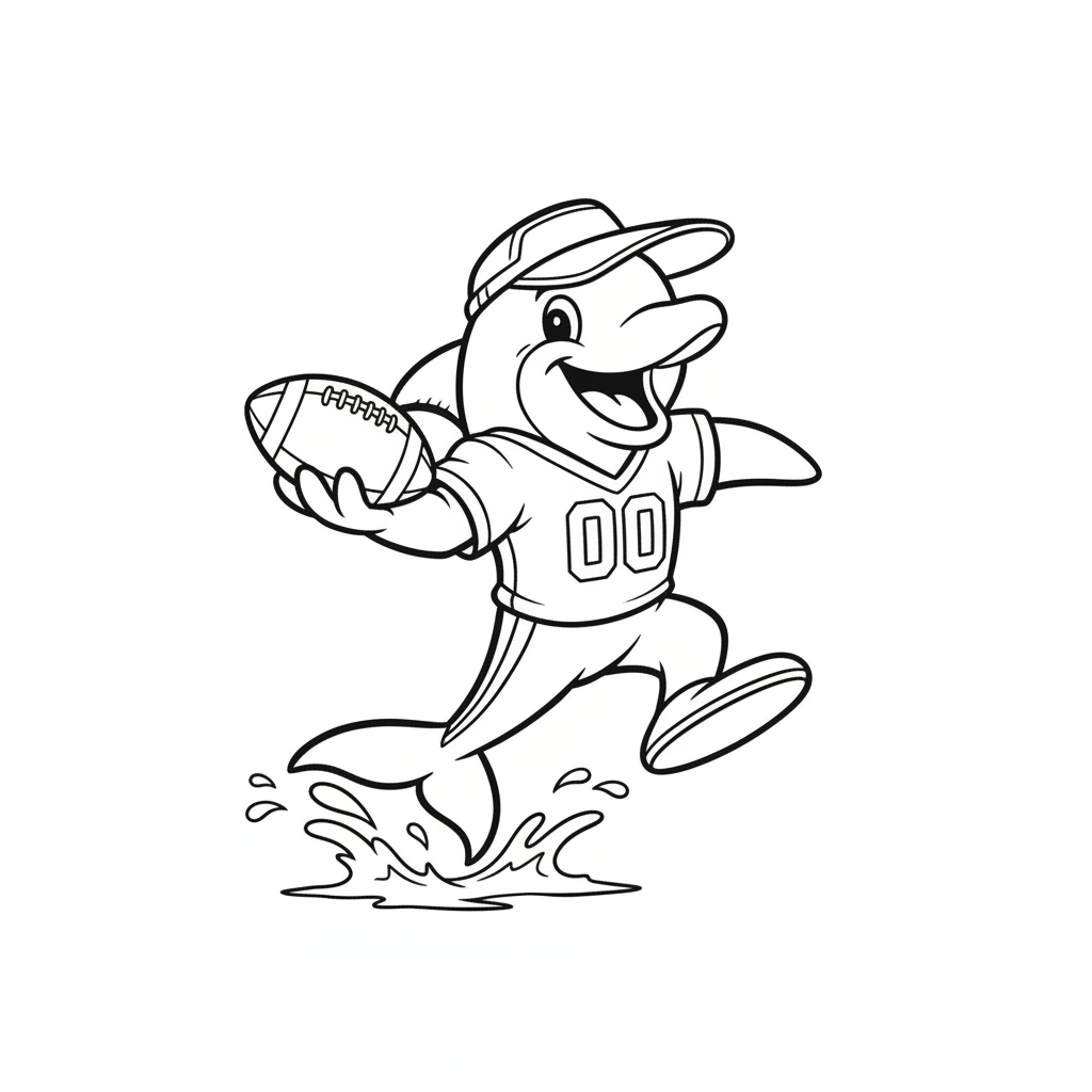 A friendly cartoon Dolphins mascot character playing with a football, energetic and cheerful, original fan illustration inspired by the Miami Dolphins (not the official logo or mascot), single subject only, strict black and white line art, bold clean outlines only, pure white background, kids coloring book page style. Absolutely no shading, no grayscale, no gradients, no color fills, no text anywhere in the image