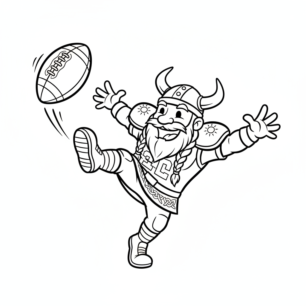 A friendly cartoon Vikings mascot character playing with a football, energetic and cheerful, original fan illustration inspired by the Minnesota Vikings (not the official logo or mascot), single subject only, strict black and white line art, bold clean outlines only, pure white background, kids coloring book page style. Absolutely no shading, no grayscale, no gradients, no color fills, no text anywhere in the image