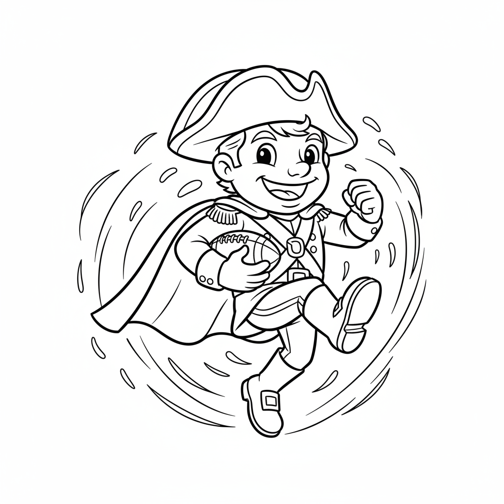 A friendly cartoon Patriots mascot character playing with a football, energetic and cheerful, original fan illustration inspired by the New England Patriots (not the official logo or mascot), single subject only, strict black and white line art, bold clean outlines only, pure white background, kids coloring book page style. Absolutely no shading, no grayscale, no gradients, no color fills, no text anywhere in the image