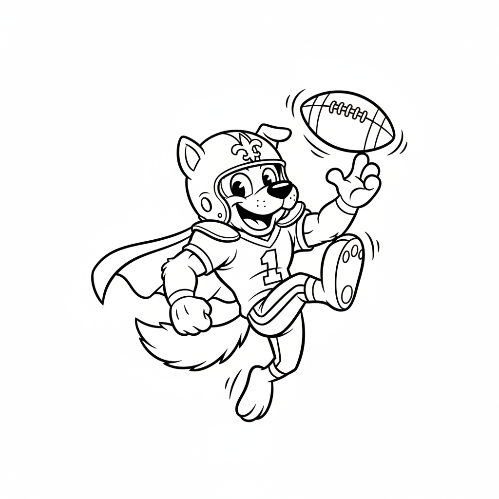 A friendly cartoon Saints mascot character playing with a football, energetic and cheerful, original fan illustration inspired by the New Orleans Saints (not the official logo or mascot), single subject only, strict black and white line art, bold clean outlines only, pure white background, kids coloring book page style. Absolutely no shading, no grayscale, no gradients, no color fills, no text anywhere in the image