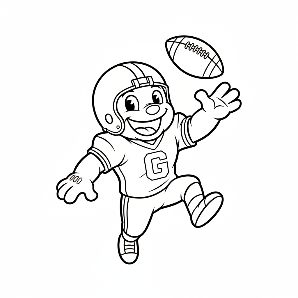 A friendly cartoon Giants mascot character playing with a football, energetic and cheerful, original fan illustration inspired by the New York Giants (not the official logo or mascot), single subject only, strict black and white line art, bold clean outlines only, pure white background, kids coloring book page style. Absolutely no shading, no grayscale, no gradients, no color fills, no text anywhere in the image