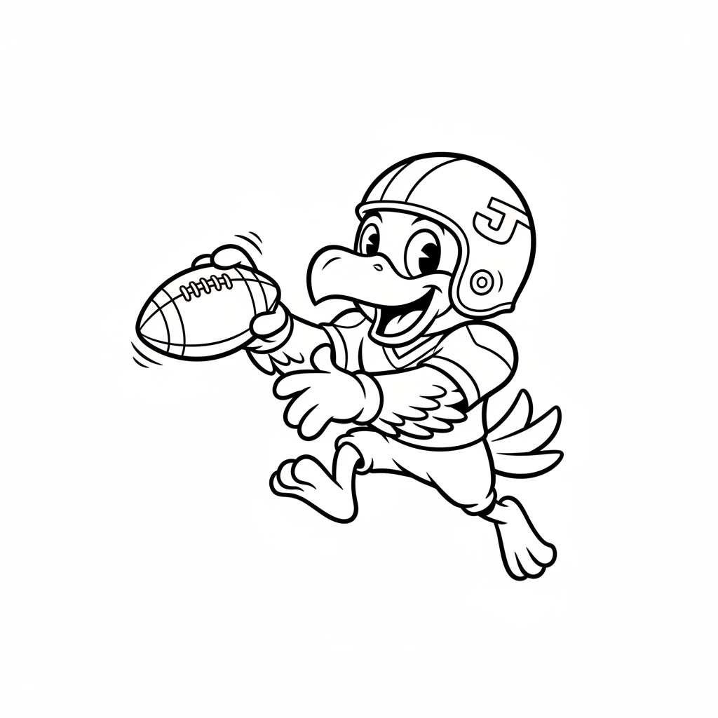 A friendly cartoon Jets mascot character playing with a football, energetic and cheerful, original fan illustration inspired by the New York Jets (not the official logo or mascot), single subject only, strict black and white line art, bold clean outlines only, pure white background, kids coloring book page style. Absolutely no shading, no grayscale, no gradients, no color fills, no text anywhere in the image