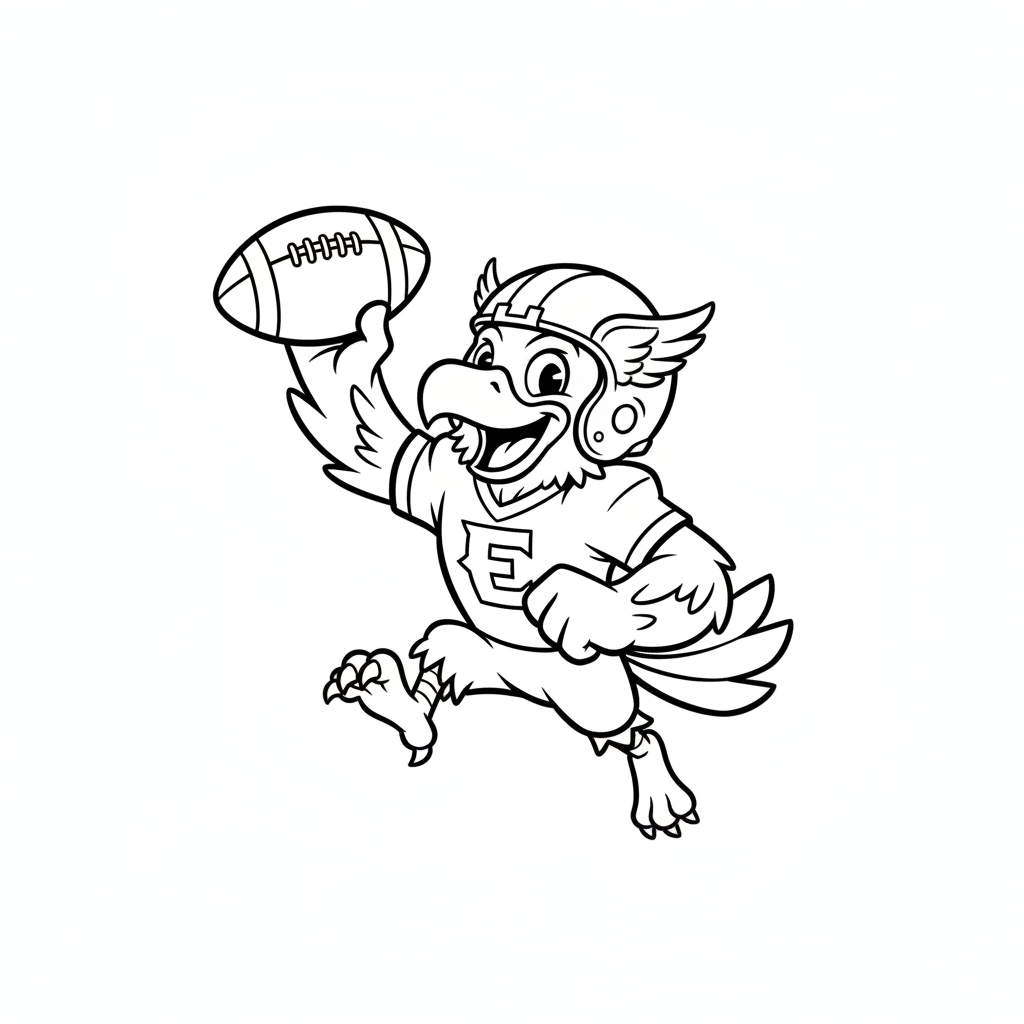 A friendly cartoon Eagles mascot character playing with a football, energetic and cheerful, original fan illustration inspired by the Philadelphia Eagles (not the official logo or mascot), single subject only, strict black and white line art, bold clean outlines only, pure white background, kids coloring book page style. Absolutely no shading, no grayscale, no gradients, no color fills, no text anywhere in the image