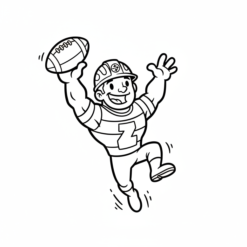 A friendly cartoon Steelers mascot character playing with a football, energetic and cheerful, original fan illustration inspired by the Pittsburgh Steelers (not the official logo or mascot), single subject only, strict black and white line art, bold clean outlines only, pure white background, kids coloring book page style. Absolutely no shading, no grayscale, no gradients, no color fills, no text anywhere in the image