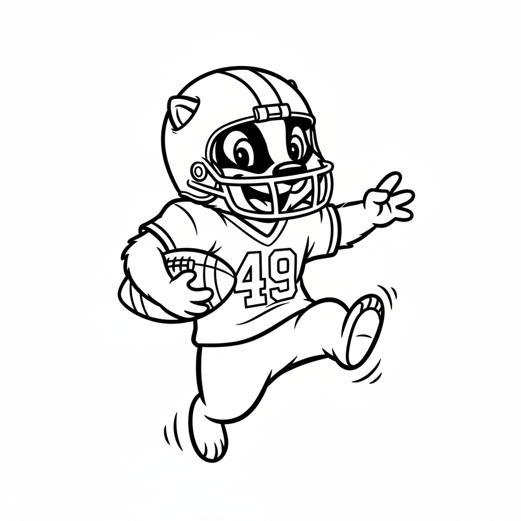 A friendly cartoon 49ers mascot character playing with a football, energetic and cheerful, original fan illustration inspired by the San Francisco 49ers (not the official logo or mascot), single subject only, strict black and white line art, bold clean outlines only, pure white background, kids coloring book page style. Absolutely no shading, no grayscale, no gradients, no color fills, no text anywhere in the image