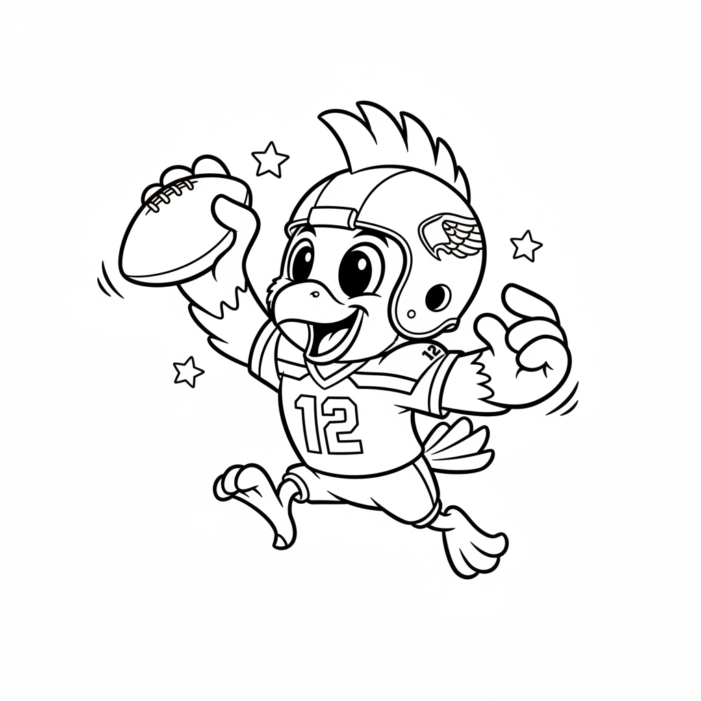 A friendly cartoon Seahawks mascot character playing with a football, energetic and cheerful, original fan illustration inspired by the Seattle Seahawks (not the official logo or mascot), single subject only, strict black and white line art, bold clean outlines only, pure white background, kids coloring book page style. Absolutely no shading, no grayscale, no gradients, no color fills, no text anywhere in the image