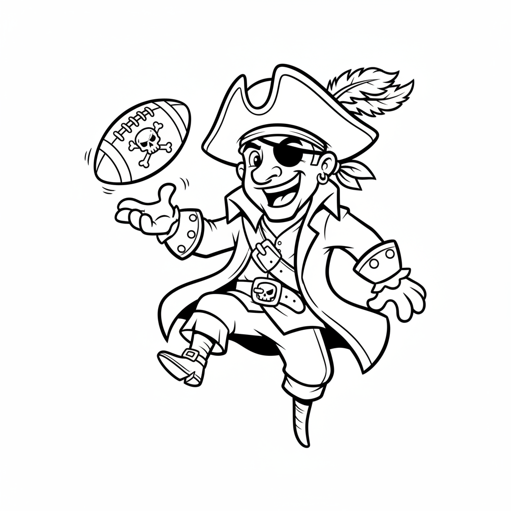 A friendly cartoon Buccaneers mascot character playing with a football, energetic and cheerful, original fan illustration inspired by the Tampa Bay Buccaneers (not the official logo or mascot), single subject only, strict black and white line art, bold clean outlines only, pure white background, kids coloring book page style. Absolutely no shading, no grayscale, no gradients, no color fills, no text anywhere in the image