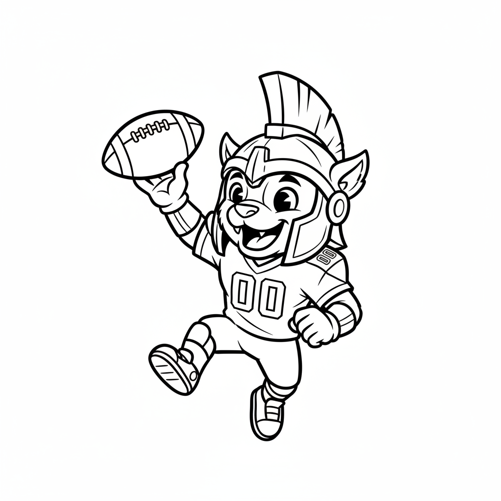 A friendly cartoon Titans mascot character playing with a football, energetic and cheerful, original fan illustration inspired by the Tennessee Titans (not the official logo or mascot), single subject only, strict black and white line art, bold clean outlines only, pure white background, kids coloring book page style. Absolutely no shading, no grayscale, no gradients, no color fills, no text anywhere in the image