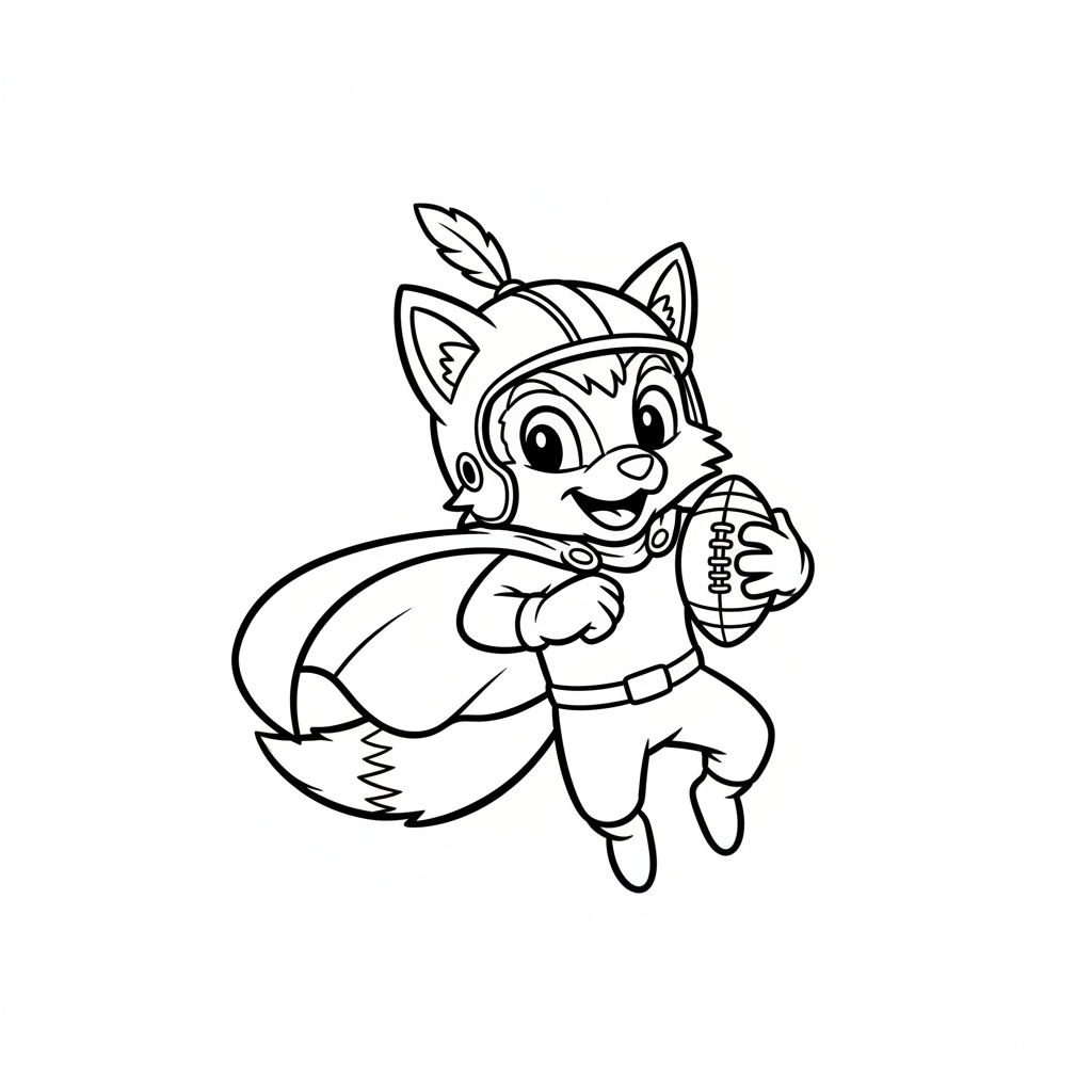 A friendly cartoon Commanders mascot character playing with a football, energetic and cheerful, original fan illustration inspired by the Washington Commanders (not the official logo or mascot), single subject only, strict black and white line art, bold clean outlines only, pure white background, kids coloring book page style. Absolutely no shading, no grayscale, no gradients, no color fills, no text anywhere in the image