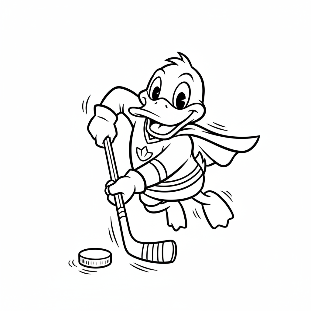 A friendly cartoon Ducks mascot character playing with a hockey puck, energetic and cheerful, original fan illustration inspired by the Anaheim Ducks (not the official logo or mascot), single subject only, strict black and white line art, bold clean outlines only, pure white background, kids coloring book page style. Absolutely no shading, no grayscale, no gradients, no color fills, no text anywhere in the image