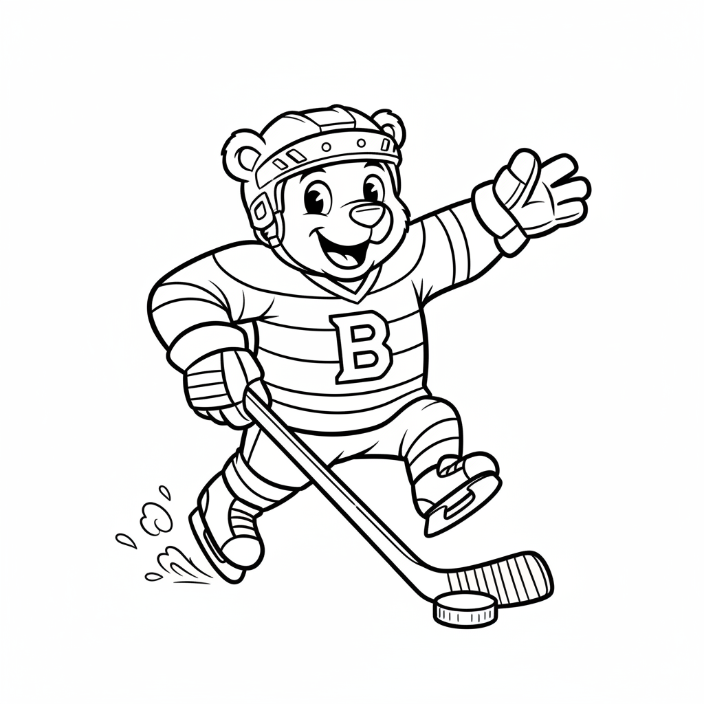 A friendly cartoon Bruins mascot character playing with a hockey puck, energetic and cheerful, original fan illustration inspired by the Boston Bruins (not the official logo or mascot), single subject only, strict black and white line art, bold clean outlines only, pure white background, kids coloring book page style. Absolutely no shading, no grayscale, no gradients, no color fills, no text anywhere in the image