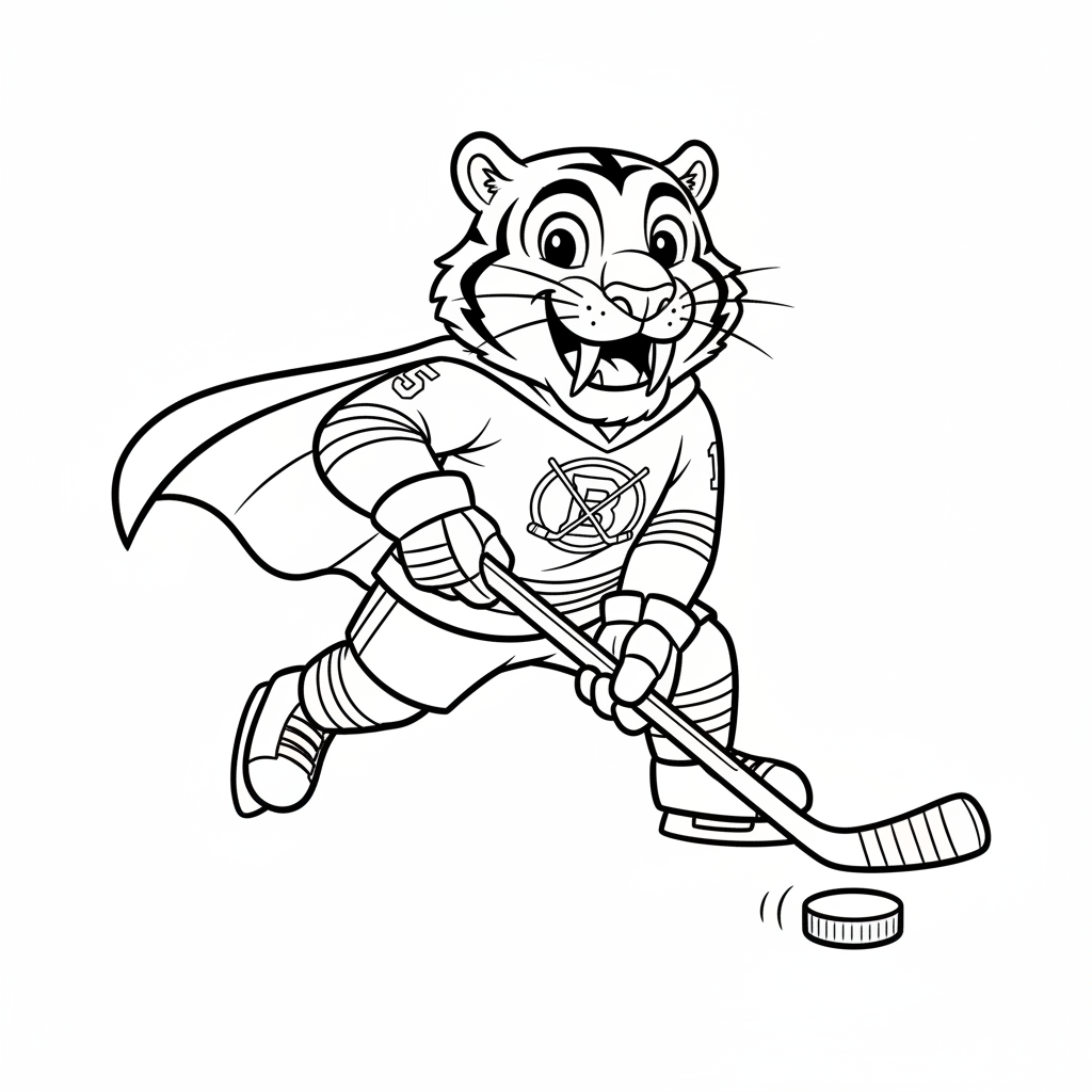 A friendly cartoon Sabres mascot character playing with a hockey puck, energetic and cheerful, original fan illustration inspired by the Buffalo Sabres (not the official logo or mascot), single subject only, strict black and white line art, bold clean outlines only, pure white background, kids coloring book page style. Absolutely no shading, no grayscale, no gradients, no color fills, no text anywhere in the image