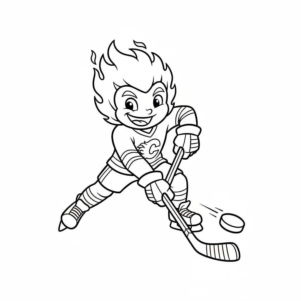 A friendly cartoon Flames mascot character playing with a hockey puck, energetic and cheerful, original fan illustration inspired by the Calgary Flames (not the official logo or mascot), single subject only, strict black and white line art, bold clean outlines only, pure white background, kids coloring book page style. Absolutely no shading, no grayscale, no gradients, no color fills, no text anywhere in the image