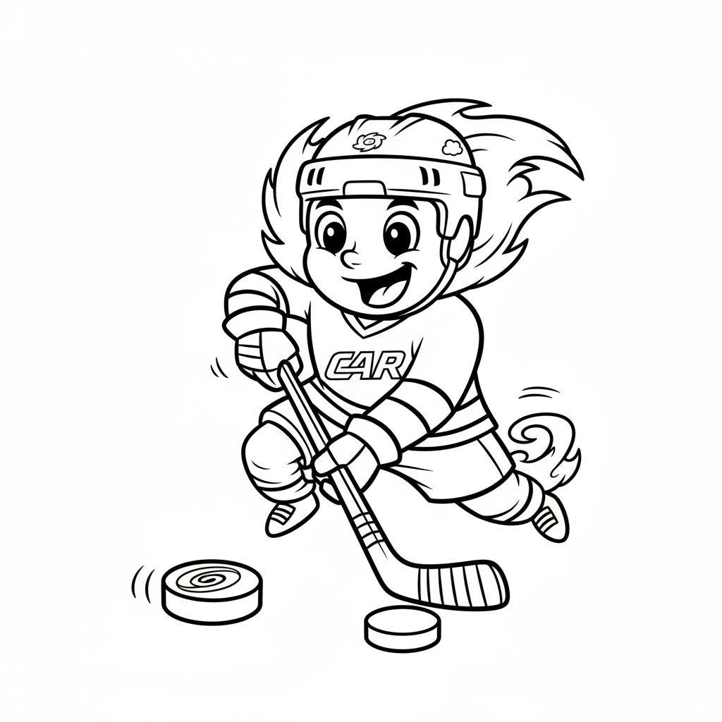 A friendly cartoon Hurricanes mascot character playing with a hockey puck, energetic and cheerful, original fan illustration inspired by the Carolina Hurricanes (not the official logo or mascot), single subject only, strict black and white line art, bold clean outlines only, pure white background, kids coloring book page style. Absolutely no shading, no grayscale, no gradients, no color fills, no text anywhere in the image