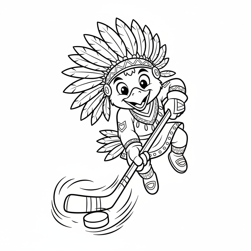 A friendly cartoon Blackhawks mascot character playing with a hockey puck, energetic and cheerful, original fan illustration inspired by the Chicago Blackhawks (not the official logo or mascot), single subject only, strict black and white line art, bold clean outlines only, pure white background, kids coloring book page style. Absolutely no shading, no grayscale, no gradients, no color fills, no text anywhere in the image