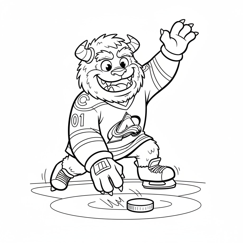 A friendly cartoon Avalanche mascot character playing with a hockey puck, energetic and cheerful, original fan illustration inspired by the Colorado Avalanche (not the official logo or mascot), single subject only, strict black and white line art, bold clean outlines only, pure white background, kids coloring book page style. Absolutely no shading, no grayscale, no gradients, no color fills, no text anywhere in the image