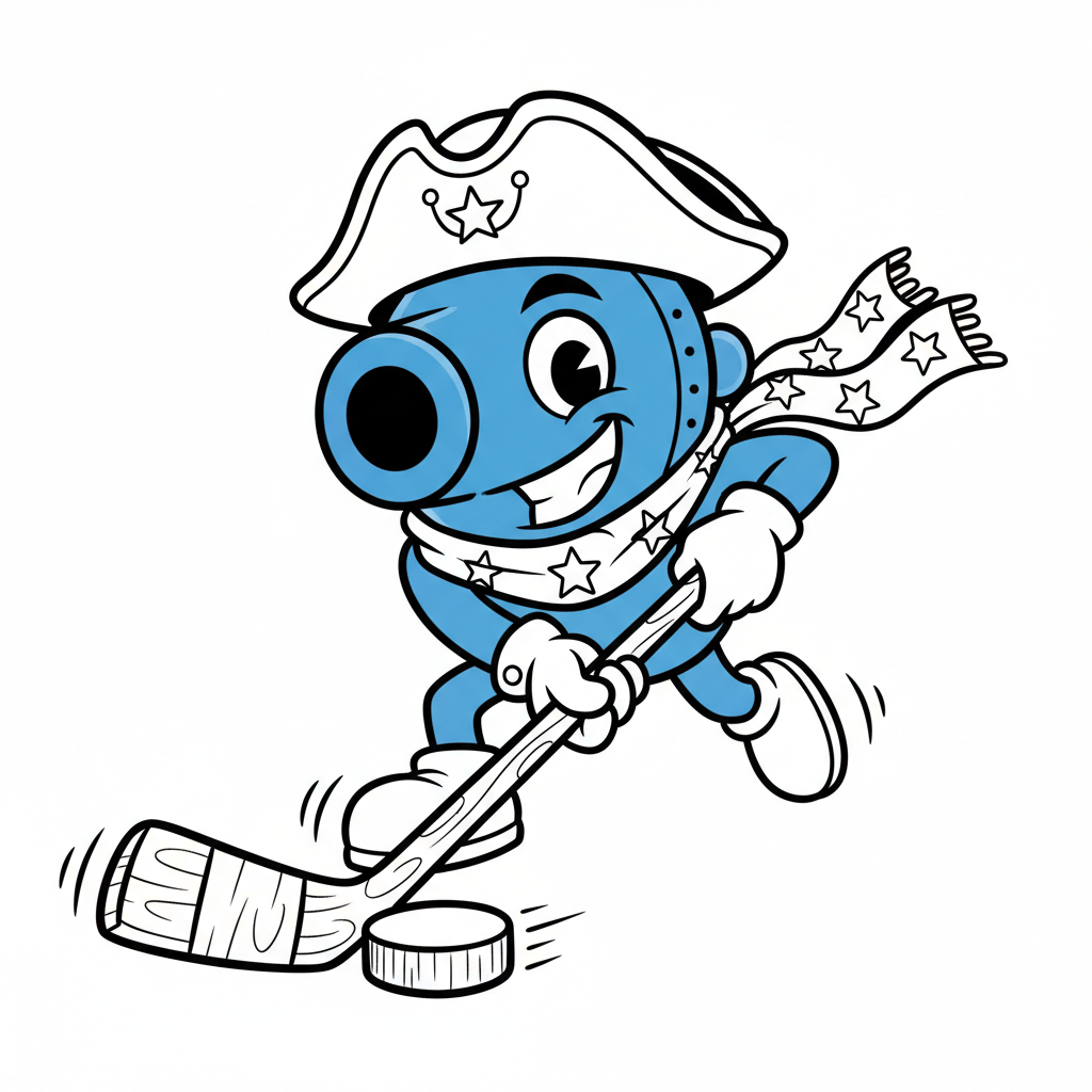 A friendly cartoon Blue Jackets mascot character playing with a hockey puck, energetic and cheerful, original fan illustration inspired by the Columbus Blue Jackets (not the official logo or mascot), single subject only, strict black and white line art, bold clean outlines only, pure white background, kids coloring book page style. Absolutely no shading, no grayscale, no gradients, no color fills, no text anywhere in the image